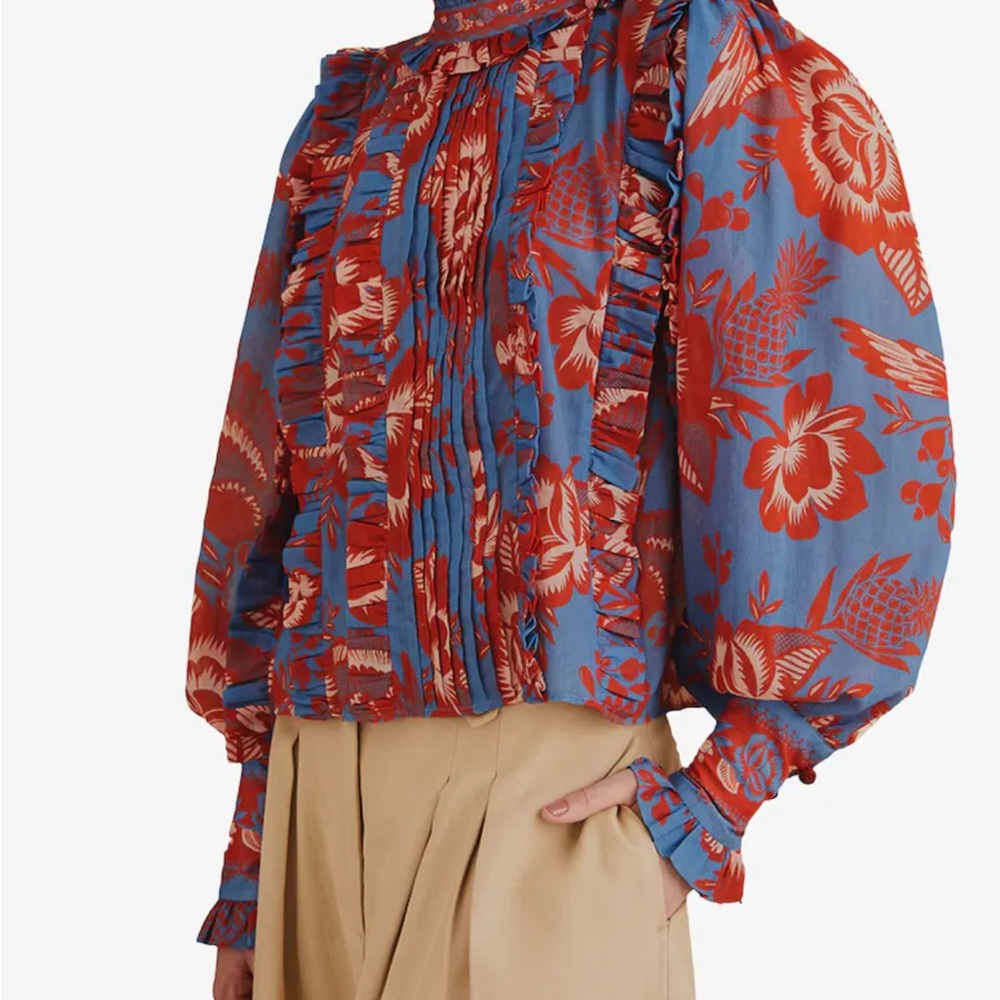 FARM RIO Floral Ruffle Blouse - Red and Blue